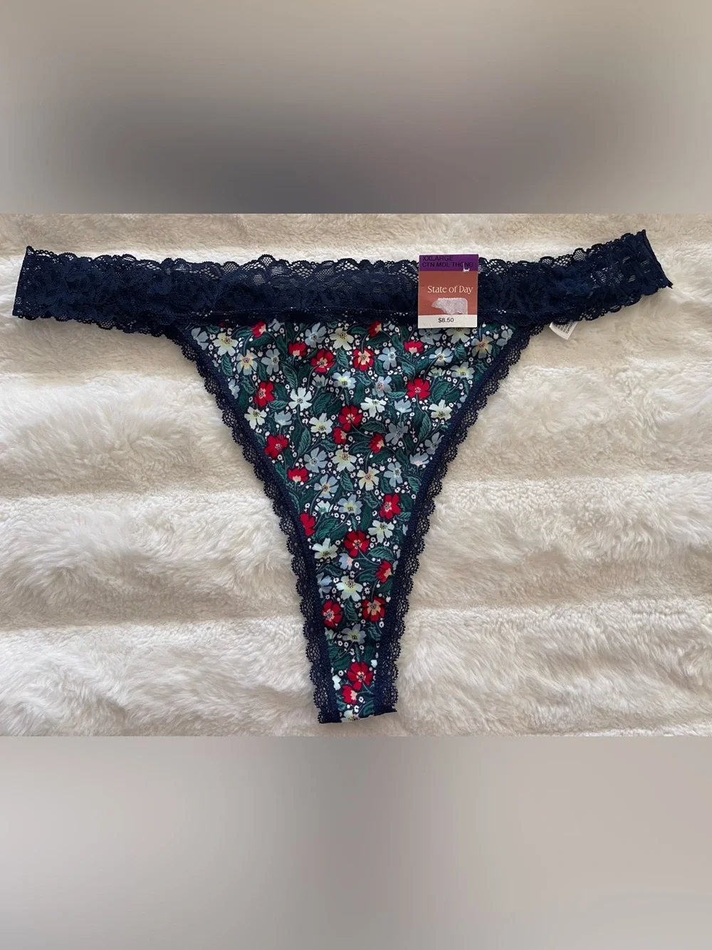 State of Day women’s cotton Floral Lace trim Thong  underwear- Navy multi 2XL